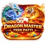 Dragon Master Teen Patti logo with dragon vs tiger, gold coins, poker chips, and fiery background