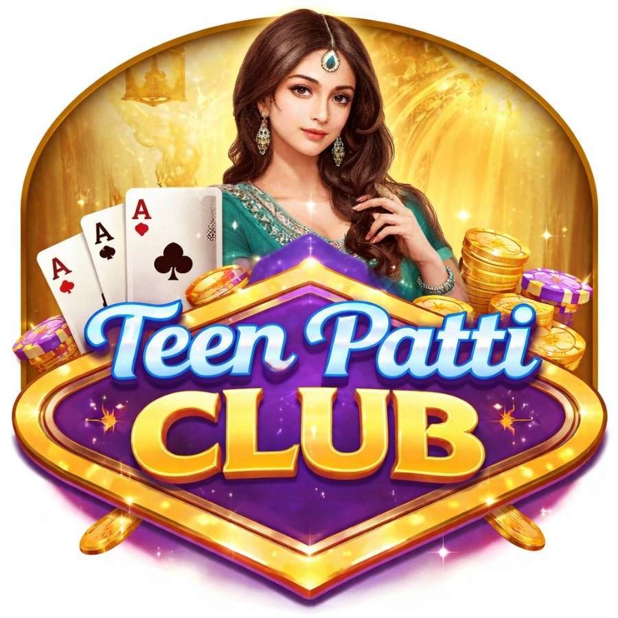 Teen Patti Club logo with Indian woman, playing cards and gold coins in royal background
