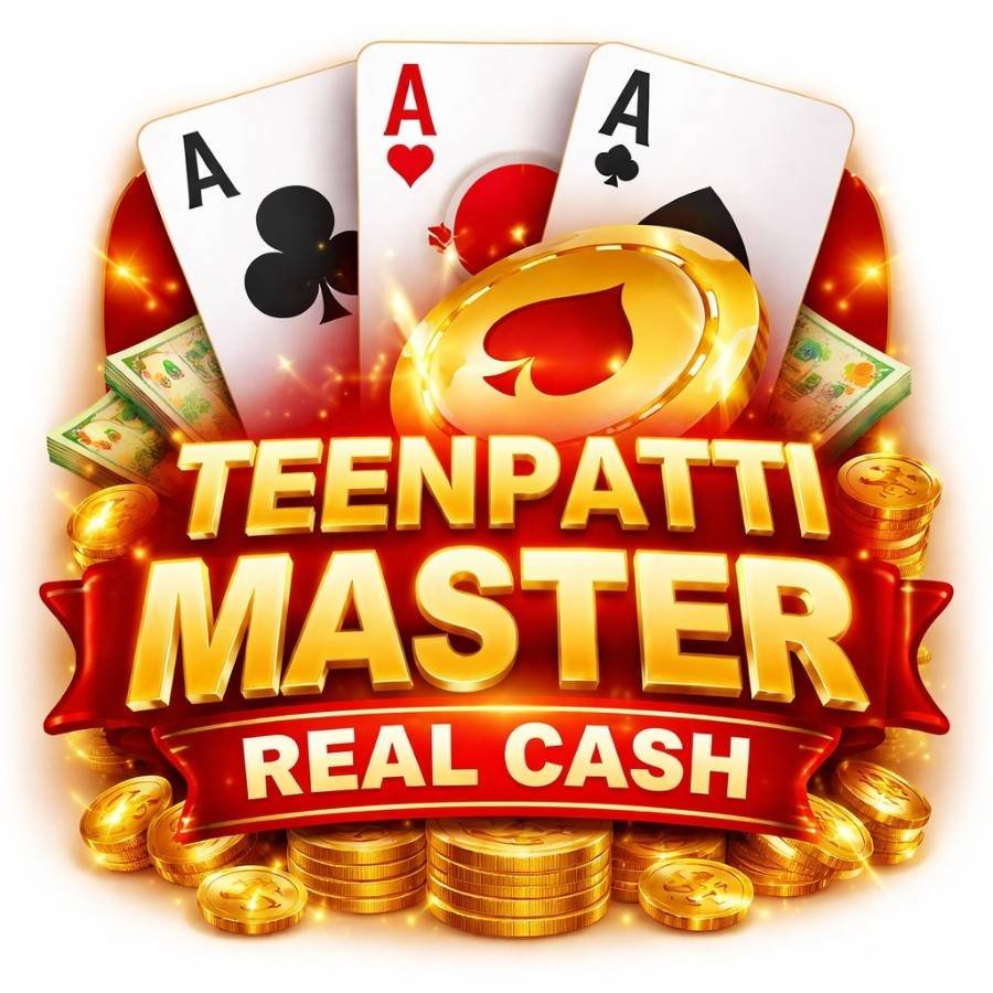 Teen Patti Master real cash logo with gold coins, playing cards and red background