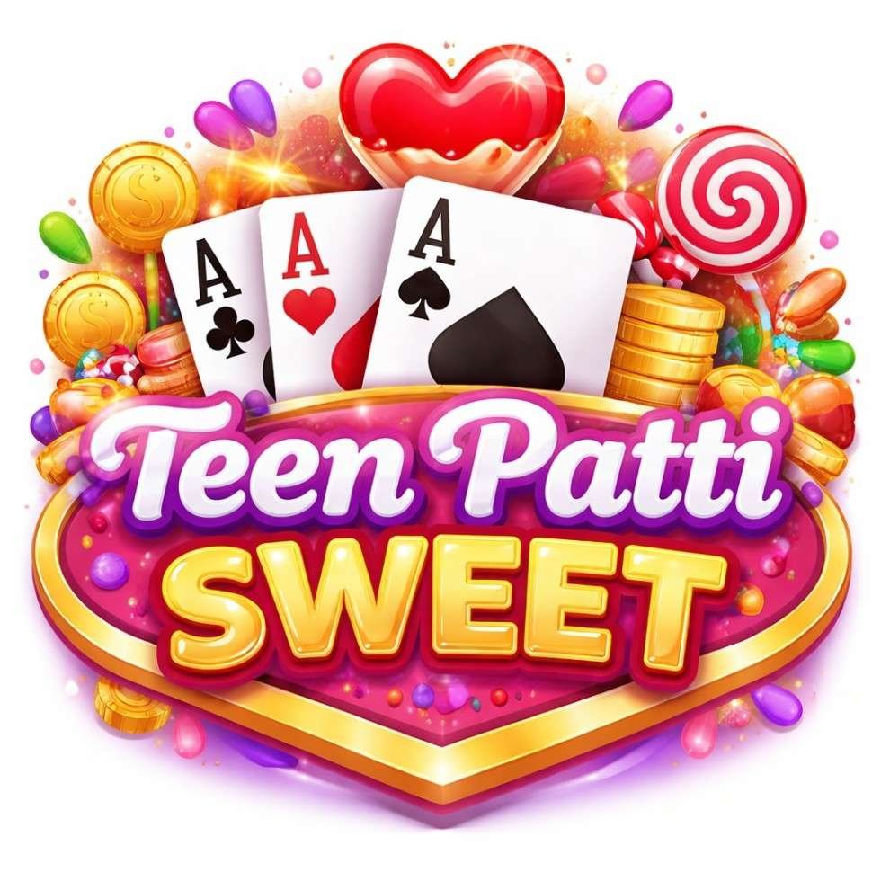 Teen Patti Sweet logo with colorful candy theme, playing cards and gold coins