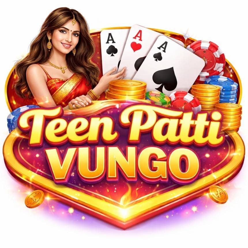 Teen Patti Vungo logo with Indian woman, playing cards, poker chips and gold coins